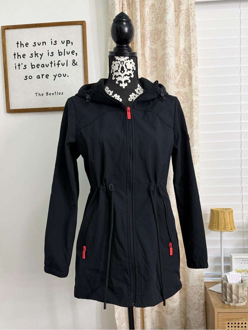 Hunter Black Hooded Rain Jacket with Red Zipper Accents